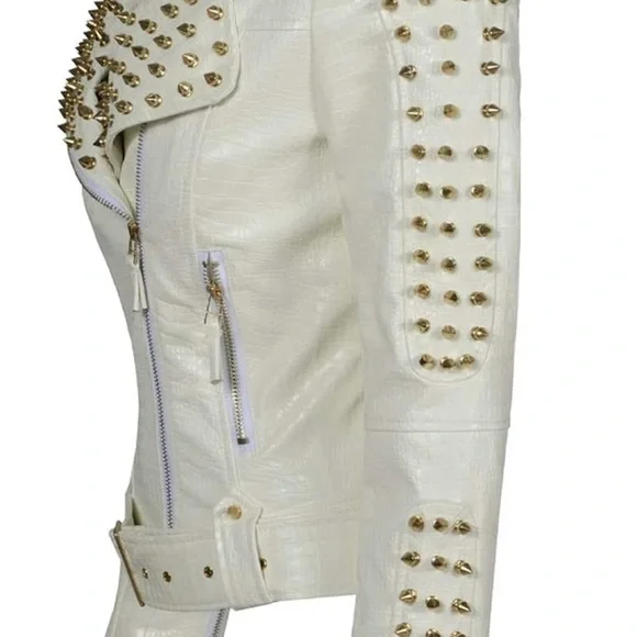 NWT SX Women Faux Leather PU White Jacket Studded Rivet Fashion Jacket Size M - Picture 8 of 12
